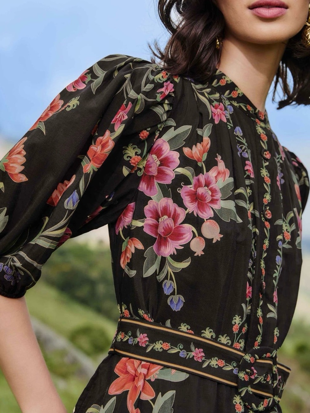 FARM Rio Black Floral Puff-Sleeve Mini Dress with Pink & Green Motif